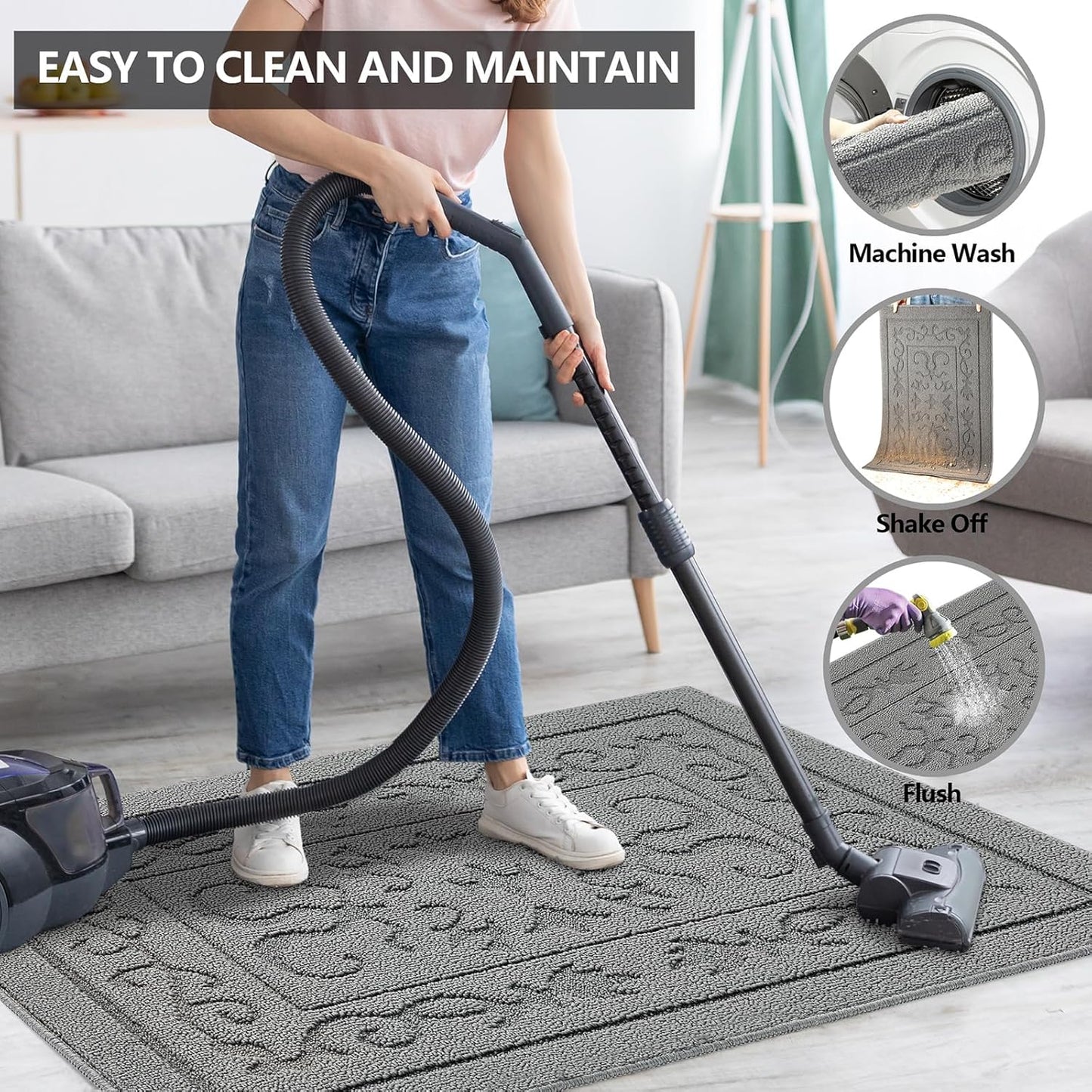 FONEYI Indoor Door Mat 32" x 48", Dirt Trapper Door Mats Non-Slip Entryway Rugs Washable, Absorbent Resist Dirt Welcome Mat, Low Profile Inside Floor Mats for Front Back Door and Entryway, Light Grey