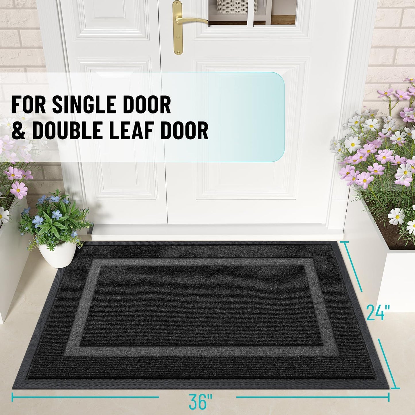 OLANLY Front Door Mat Indoor Outdoor Entrance, Waterproof All-Season, All-Weather Doormat, Sturdy Natural Rubber, Fade Resistant, Low Profile, Easy Clean Patio Porch Entryway Mat, 36x24, Black