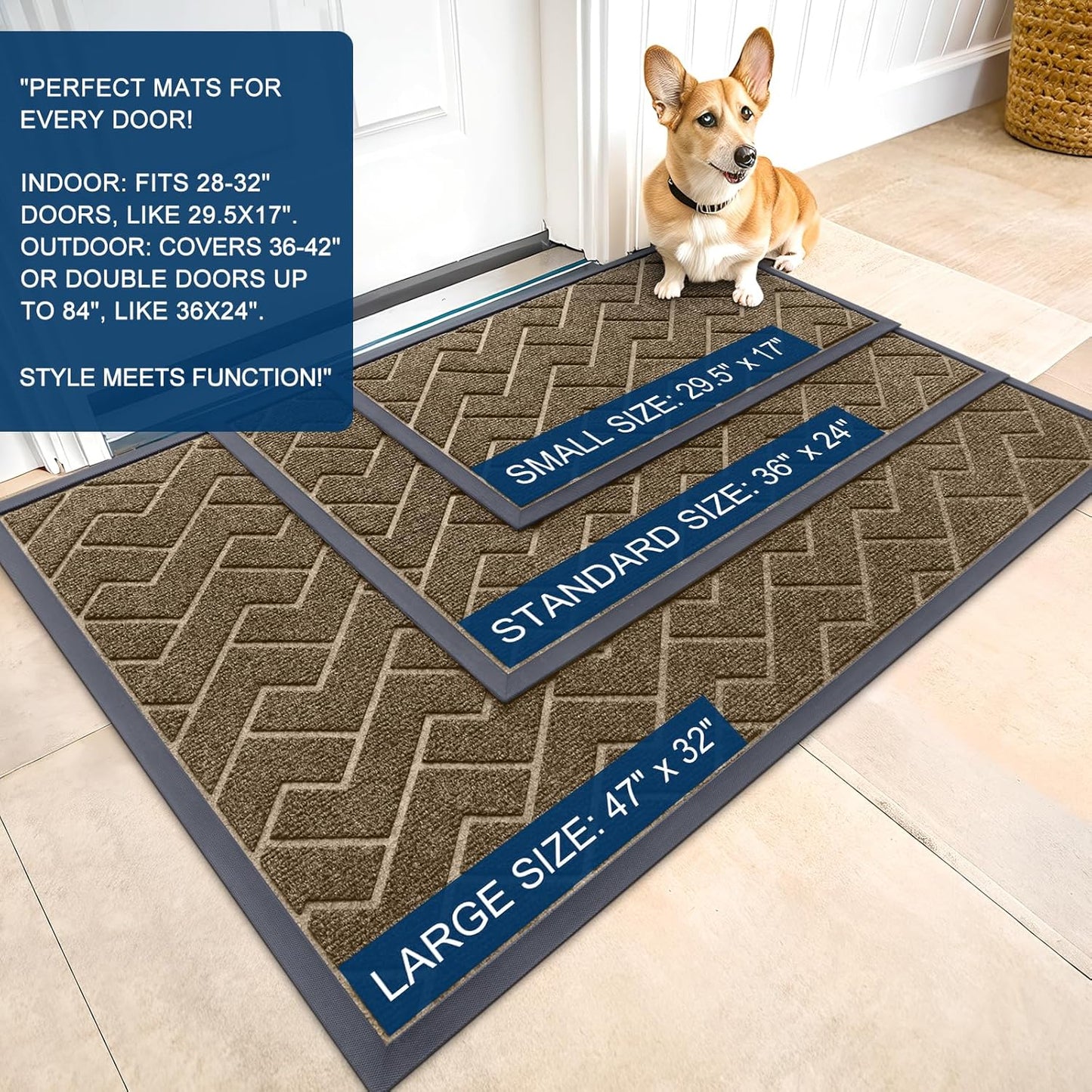 OLANLY Front Door Mat Indoor Outdoor Entrance, Waterproof All-Season, All-Weather Doormat, Sturdy Natural Rubber, Low Profile, Easy Clean Patio Porch Entryway Mat, Herringbone Brick (Brown, 47x23)