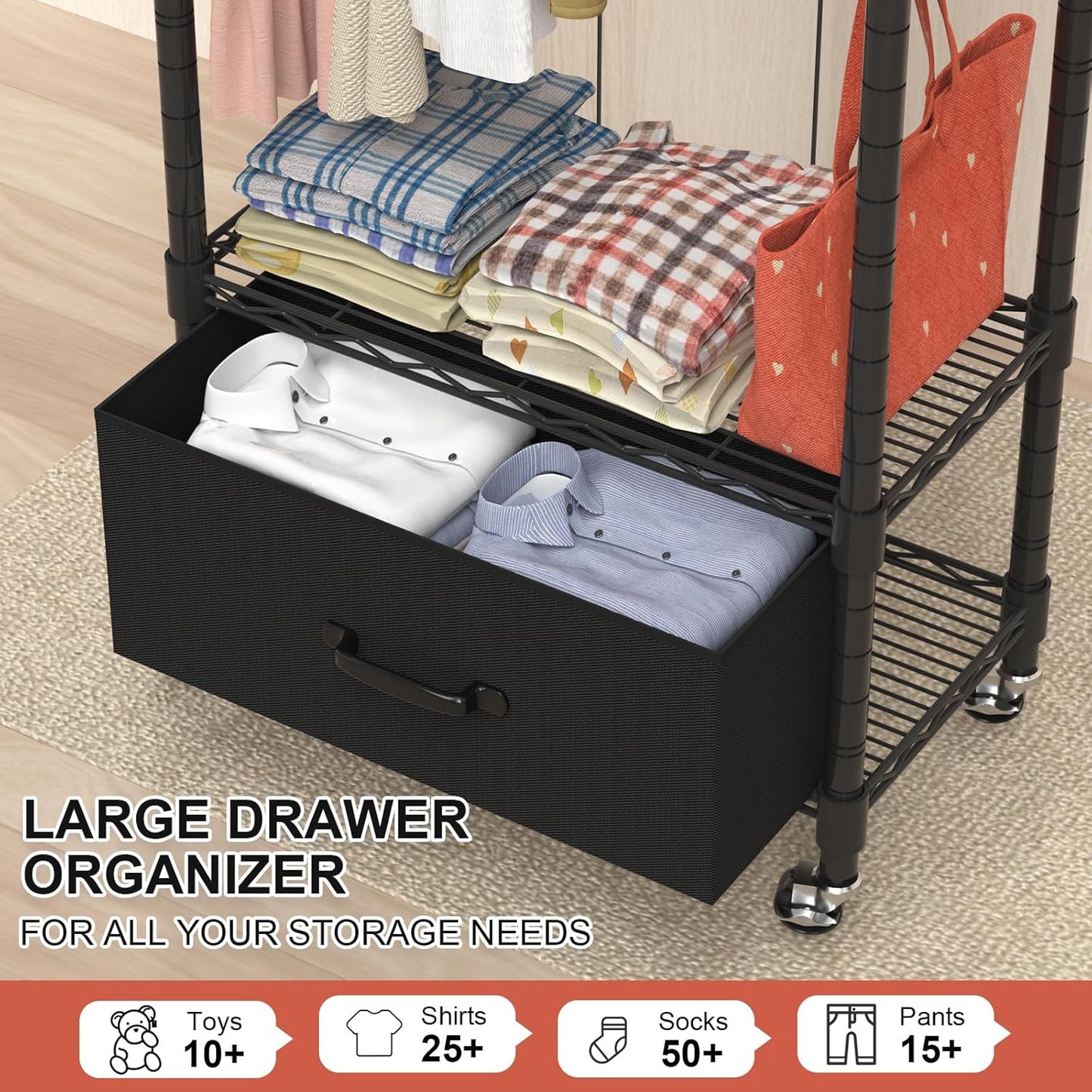 Clothes Rack, Clothing Rack for Hanging Clothes, 3 Tiers Adjustable Closet Organizer System with Drawer | Hanging Rod | Side Hooks | Load 445lbs | 23" L x 13.1" W x 78.7" H | Black