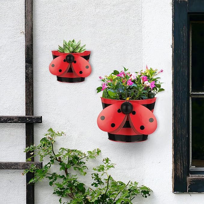 BAYN Set of 2 Ladybug Wall Hanging Planter Decor Art, Metal Wall Mounted Planters Garden Yard Decorative Flower Pot Indoor Outdoor Wall Planter Succulent Plant Container