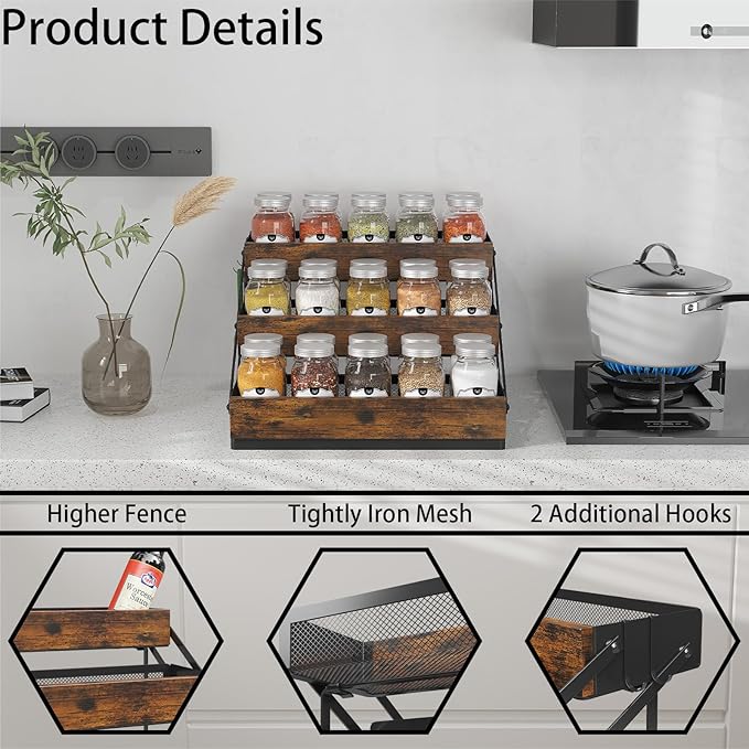 3 Tier Foldable Spice Rack Organizer for Countertop, Step Shelf with Spice Jars for Kitchen Cabinet Drawers Seasoning Rustic Wooden Spice Holder for Home, Cupboard or Door - 2PCS