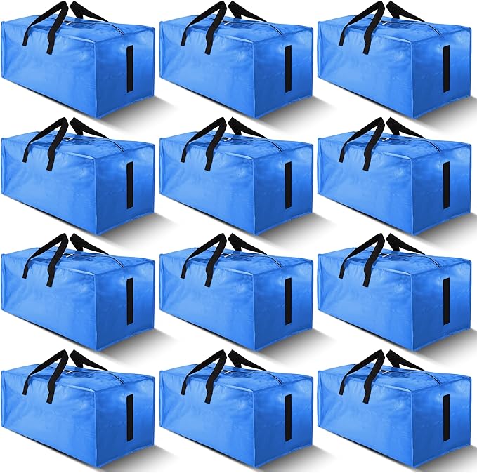 12 Pack Large Strong Moving Bags with Zippers & Carrying Handles - Water-Resistant - Heavy Duty Storage Tote for Space Saving, Fold Flat, Alternative to Moving Box (Sky Blue)