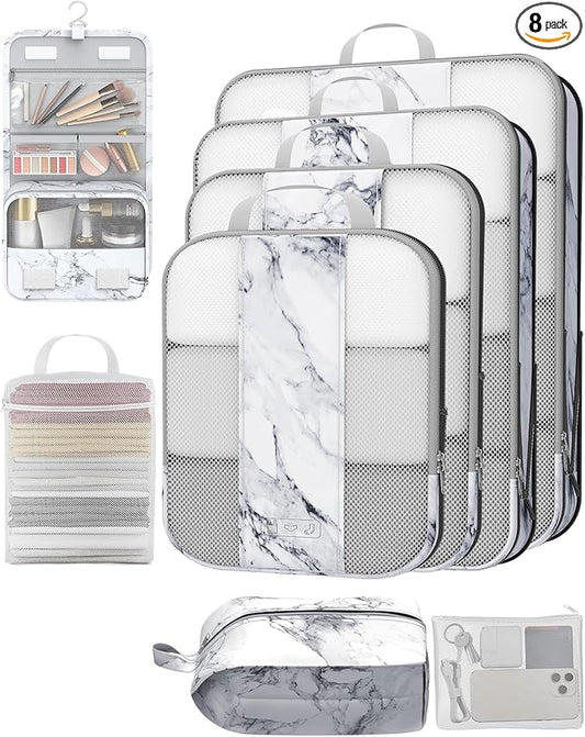 8 Set Compression Packing Cubes for Travel Essentials,Compressible Expandable Packing Cubes for Suitcase,OlarHike Luggage Organizer Bags for Travel,Handy Helper for Organizing Clothes(White Marble)