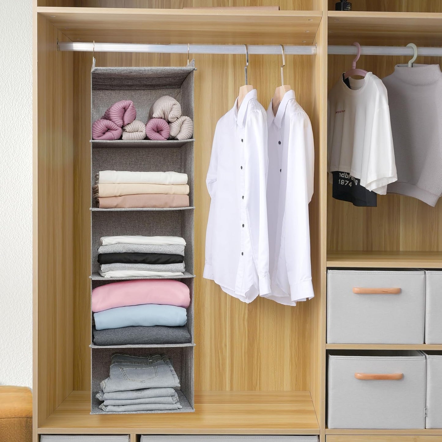 Large Hanging Sweater Organizer for Closet,Collapsible 6-Shelf Hanging Closet Shelves with Drawers, Washable (Grey-5 Shelf)