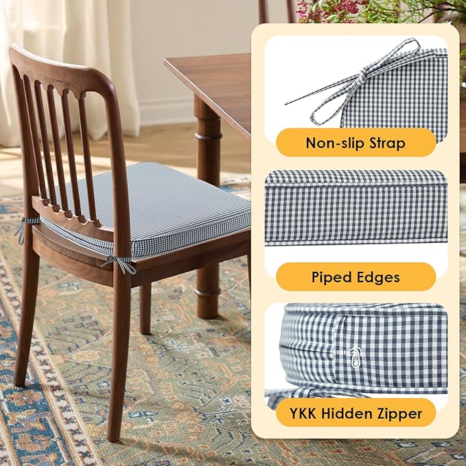 Outdoor Round Corner Seat Cushion, 17"x16"x2", Set of 4, Non Slip Seat Cushion Pads with Removable Cover for Patio Furniture, Garden Yard Lawn, Black White Mini Check