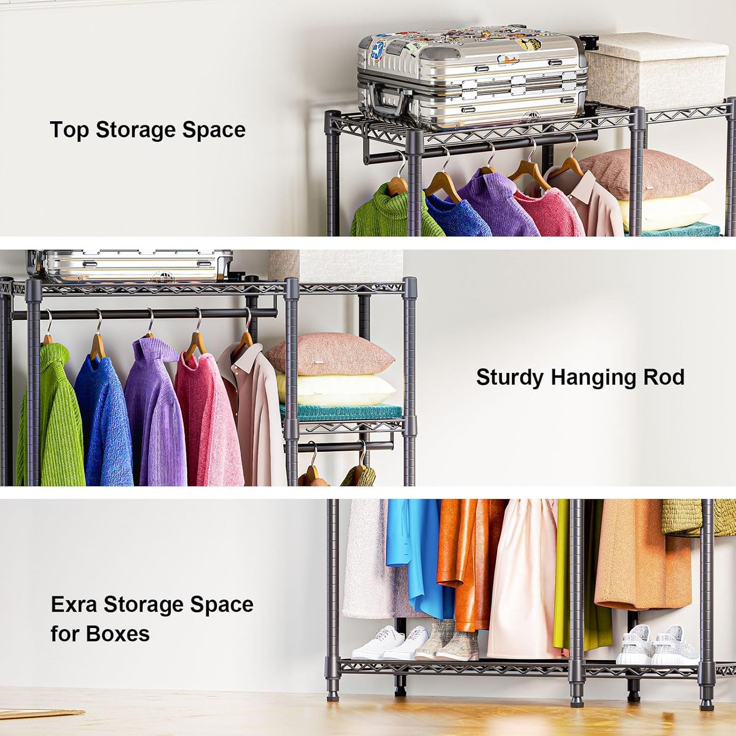 Heavy Duty Rolling Garment Rack 3 Tiers Adjustable Wire Shelving Clothes Rack with 1 Rods and Side Hooks,Storage Closet Clothing Rack Black 15.7" D x 43.3" W x 76.5" H