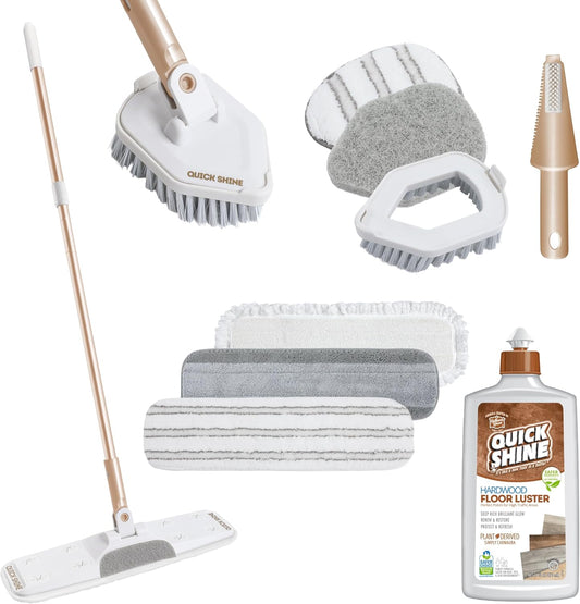 Quick Shine Ultimate Gold Clean + Polish Mop Kit | All-in-One 10 Pc Kit w/Interchangeable Attachments | Floor Polish Included | No Batteries Needed | Pro Cleaning for Hardwood Floors | 2-in-1 Mop