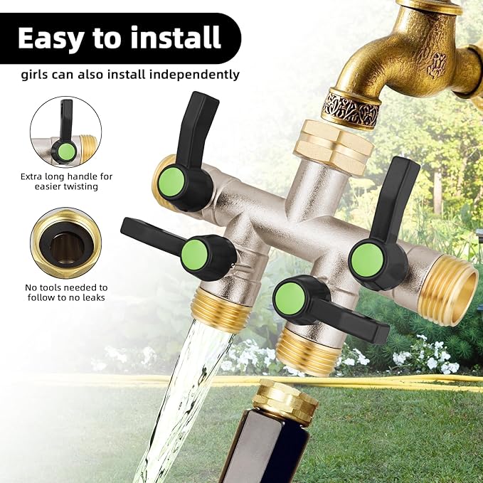 EJW 4 Way Garden Hose Splitter, Heavy Duty Garden Hose Splitter, High Flow Garden Hose Splitters, Fitting 3/4” Brass Outdoor Hose Splitter, Garden Hose Adapter Connector,Water Hose Splitter.