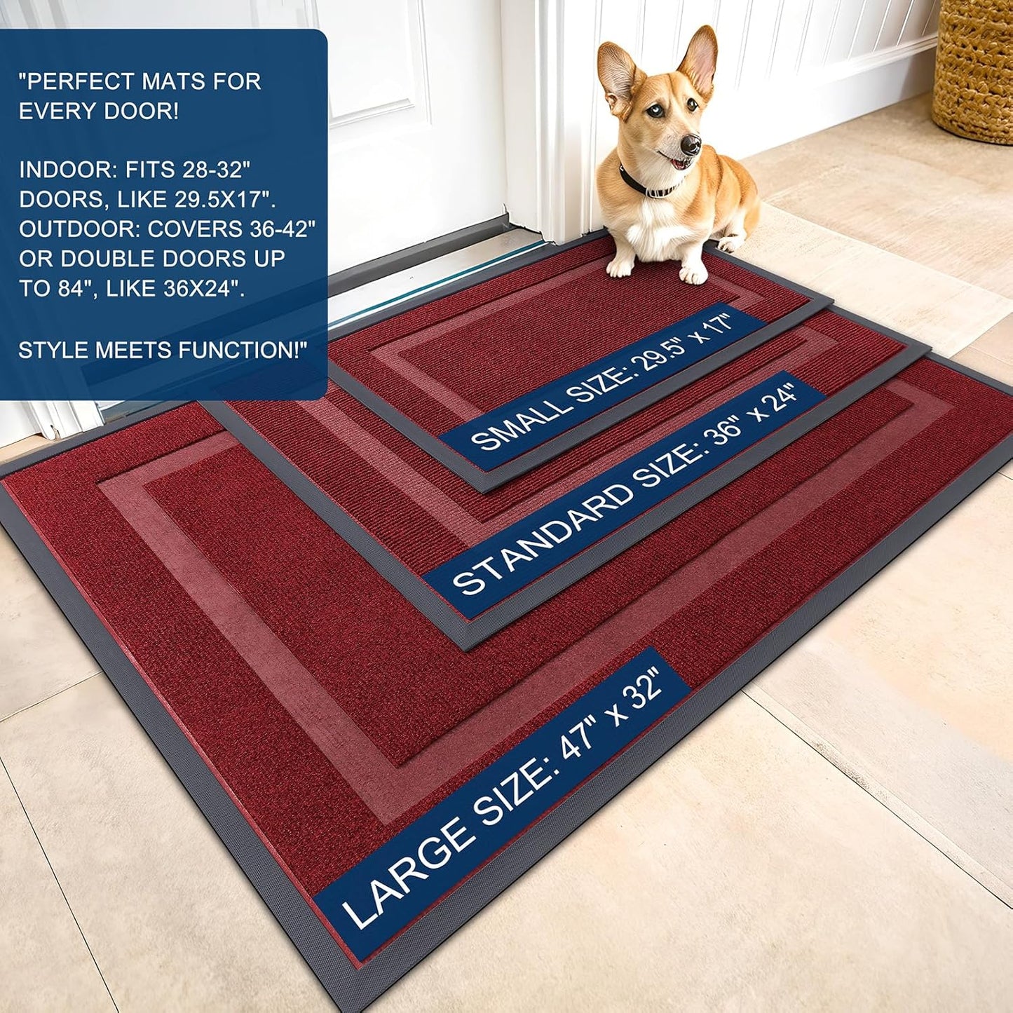 OLANLY Front Door Mat Indoor Outdoor Entrance, Waterproof All-Season, All-Weather Doormat, Sturdy Natural Rubber, Fade Resistant, Low Profile, Easy Clean Patio Porch Entryway Mat, 47x32, Wine Red