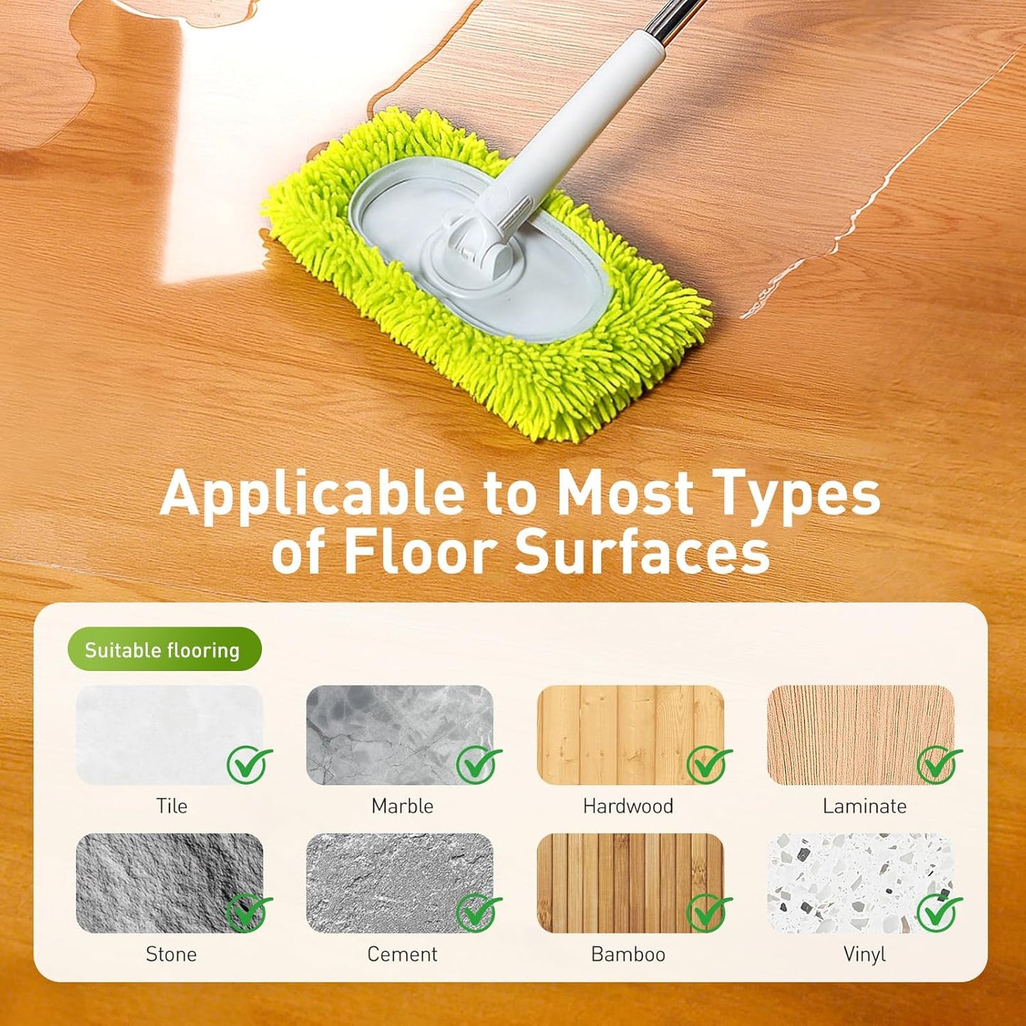 6PCS Reusable Mop Pads Fit for Flat Mops, Chenille Mop Refill Pads Washable Mop Covers, Household Replacement Mop Pads Wet & Dry Sweeping Cloths Mopping Pad Refills for Hardwood Floor Cleaning (Green)