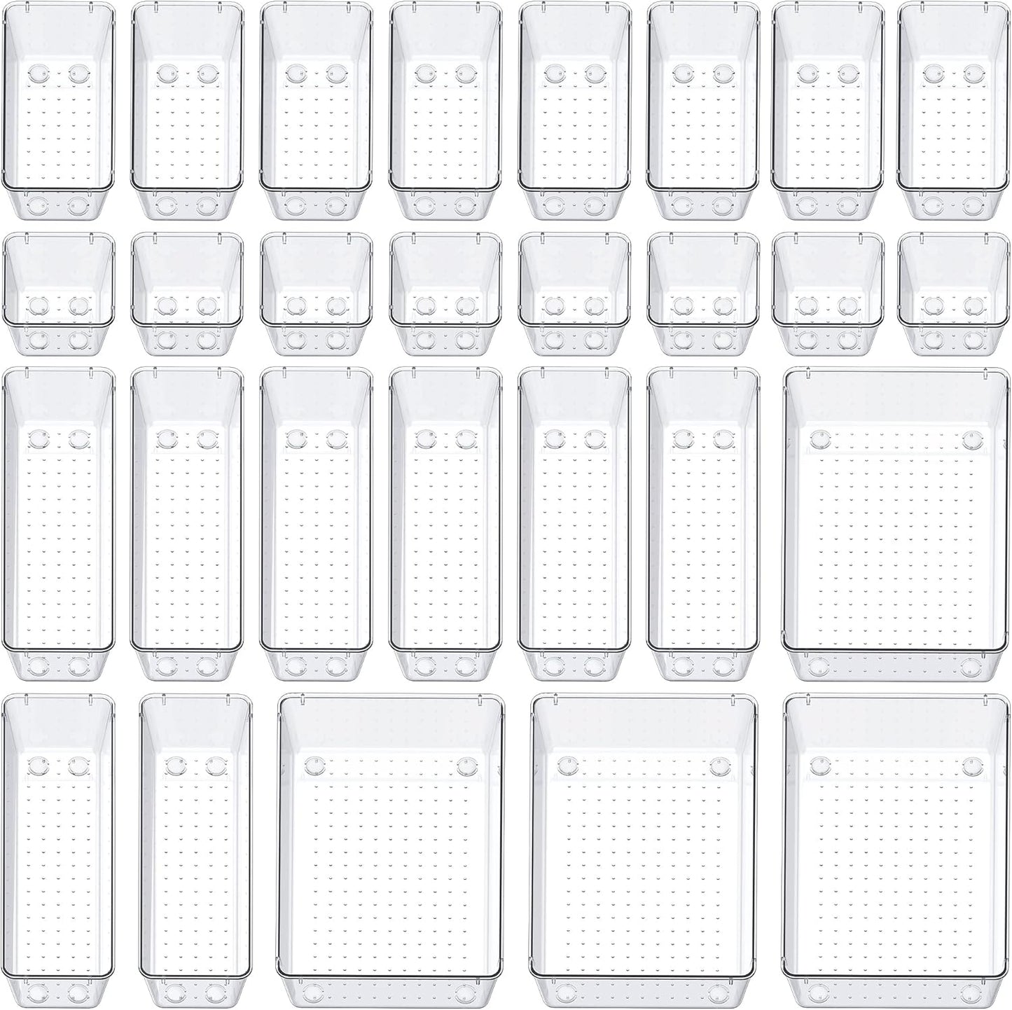 SMARTAKE 28 Piece Drawer Organizers with Non-Slip Silicone Pads, 4-Size Desk Drawer Organizer Trays Storage Tray for Makeup, Jewelries, Utensils in Bedroom Dresser, Office and Kitchen, Clear