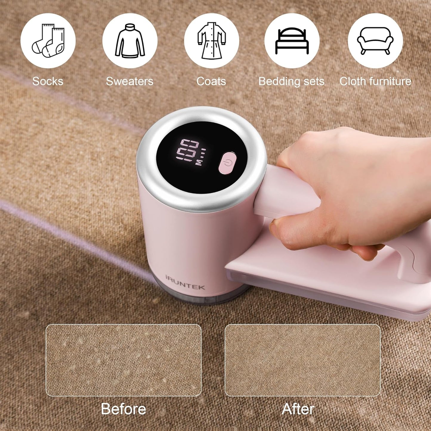 iRUNTEK Rechargeable Fabric Shaver｜3-Speed Lint Shaver with LED Display & Large Lint Bin｜Sweater Shavers to Remove Pilling & Fuzz｜Lint Remover for Clothes & Furniture with Type-C Fast Charging, Pink