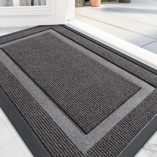 OLANLY Front Door Mat Indoor Outdoor Entrance, Waterproof All-Season, All-Weather Doormat, Sturdy Natural Rubber, Fade Resistant, Low Profile, Easy Clean Patio Porch Entryway Mat, 29.5x17, Dark Grey