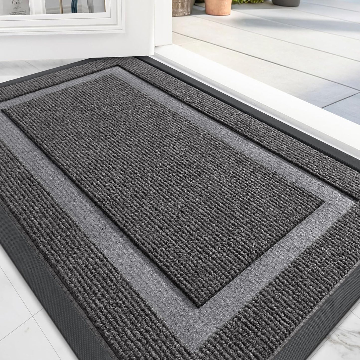 OLANLY Front Door Mat Indoor Outdoor Entrance, Waterproof All-Season, All-Weather Doormat, Sturdy Natural Rubber, Fade Resistant, Low Profile, Easy Clean Patio Porch Entryway Mat, 47x23, Dark Grey