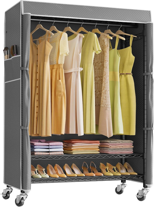 VIPEK R3C Plus Garment Rack Rolling Clothes Racks with Locking Wheels, Heavy Duty Clothing Rack Portable Closet with Adjustable Shelves & Side Hooks, Black Rack with Grey Upgraded Polyester Cover