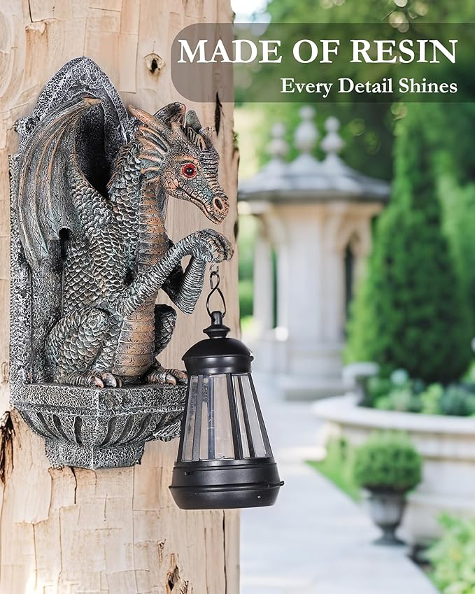 Dragon Statue Solar Lantern for Garden Décor, Dragons Figurine Night Light, 10”Outdoor Decorative Lamp, Mountable on Trees/Walls/Fences. Birthday/Housewarming Gifts for Dragon Fans (Antique Bronze)
