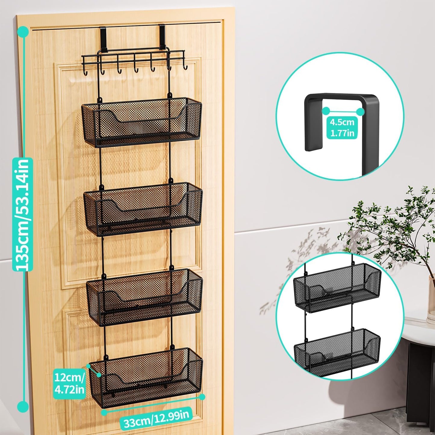 HapiRm Over The Door Organizer - Hanging Door Organizer with 4 Metal Large Capacity Baskets and Adjustable Coat Hook for Bathroom Bedroom Kitchen Pantry Closet Cabinet