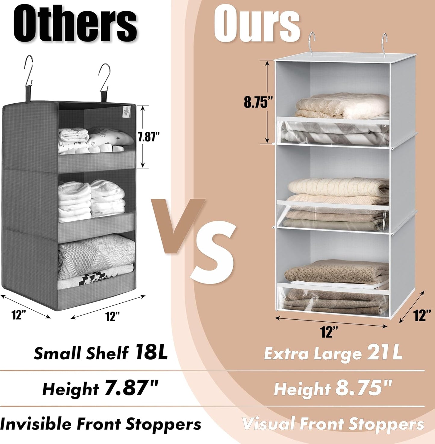 Simple Houseware 3 Shelf Hanging Closet Organizer with Front Stopper, Gray