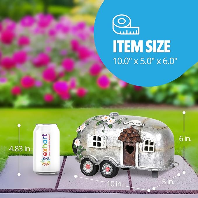 Exhart Garden Sculpture, Solar Vintage Camping Trailer Garden Statue, LED Lights, Outdoor Garden Decoration, 5 x 10 x 6 Inch