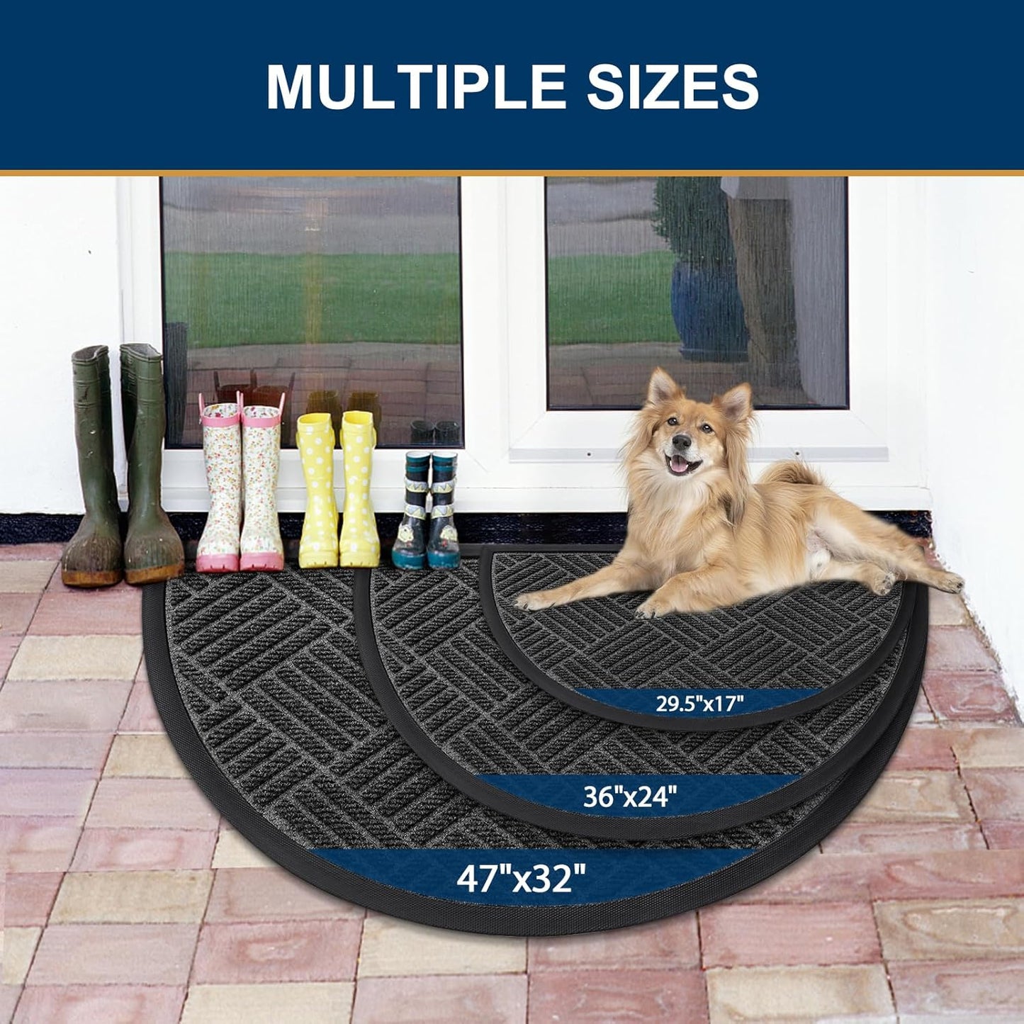 Smiry Half Circle Front Door Mat Outside Entrance, Heavy Duty Outdoor Indoor Natural Rubber Doormat, Non Slip, Trap Dirt and Moisture, Easy Clean, Low Profile Patio Porch Entryway Mat, 29.5x17, Black