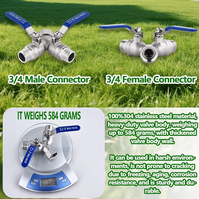 Lead-free Hose Splitter 2 Way Heavy Duty ，304 Stainless Steel Garden Hose Splitter with Long Handle，Outdoor Full Flow Y Valve ，3/4 Inch GHT Thread