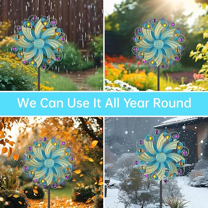 Metal Wind Spinners Outdoor, Golden Kinetic Wind Sculpture Garden Pinwheels with Metal Stake, Yard Art Decor for Patio, Lawn & Garden, Creative Gifts 57.5 * 13 Inch