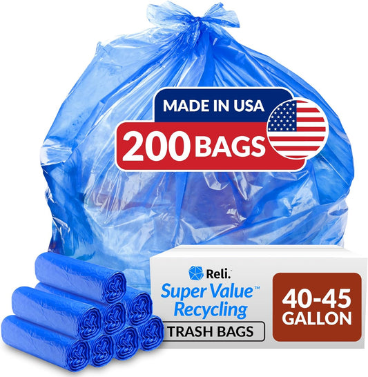Reli. SuperValue 40-45 Gallon Recycling Bags | 200 Count | Blue Trash Bags | Made in the USA