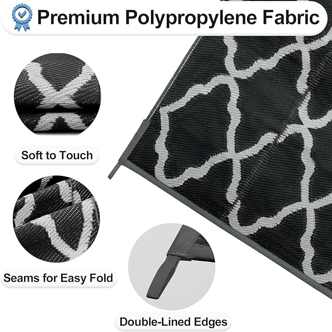 OutdoorLines Outdoor Plastic Area Rugs for Patio 6x9 ft - Reversible Outside Carpet, Stain & UV Resistant RV Mats, Straw Rug for Camping, Deck Garden, Porch and Balcony, Moroccan Black & Light Grey