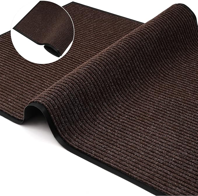 Low Profile Rubber Door Mat, 60x35inch, Heavy Duty, Entrance Doormat, Indoor and Outdoor, Waterproof, Easy Clean Shoe Scraper, Home Rug Welcome Mats for Entryway, Patio, Porch, Brown