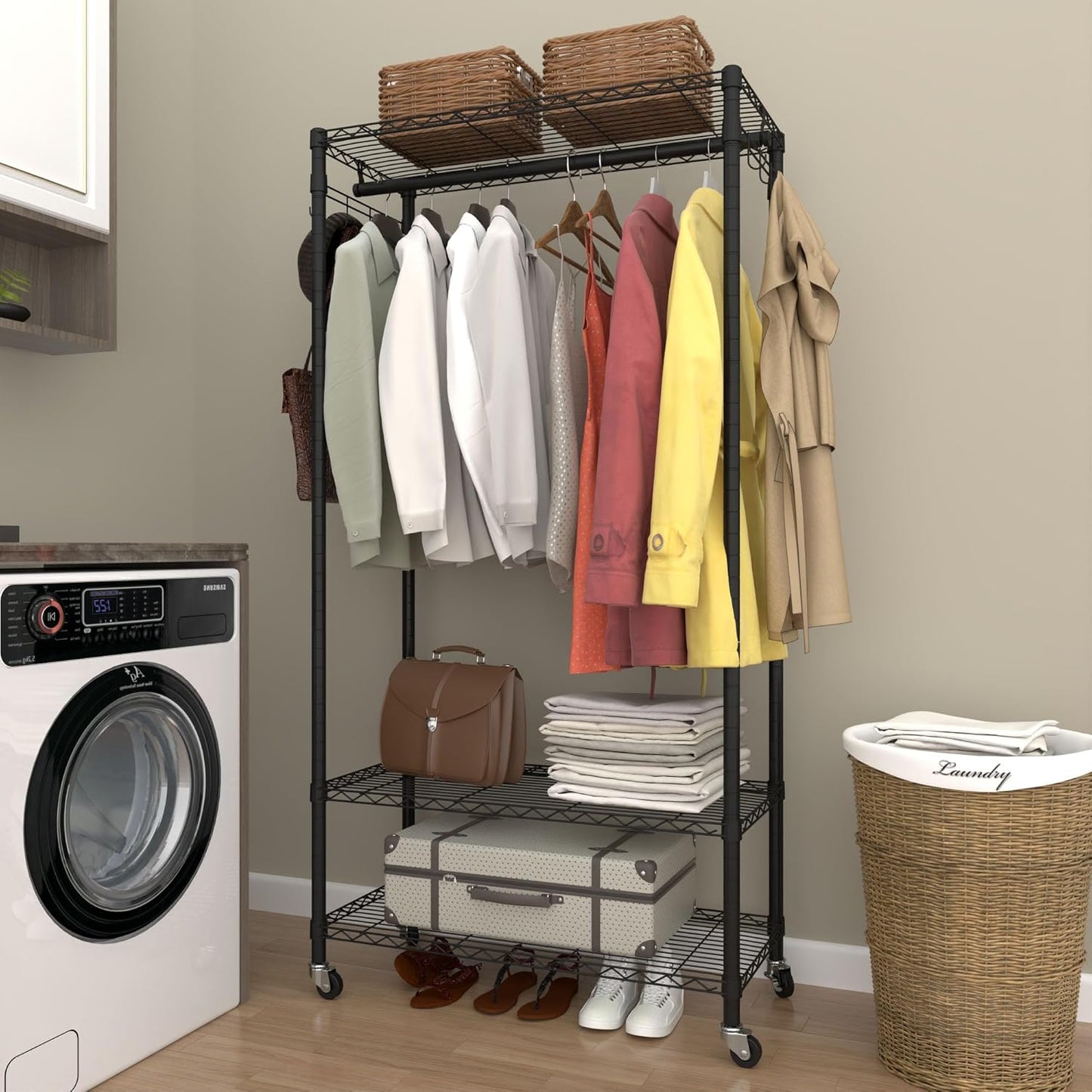 Rolling Portable Garment Rack,Freestanding Clothes Racks, Portable Closet Wardrobe with 3 Adjustable Wire shelves,2 Side Hooks, Black