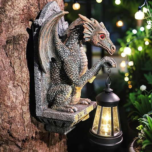 Dragon Statue Solar Lantern for Garden Décor, Dragons Figurine Night Light, 10”Outdoor Decorative Lamp, Mountable on Trees/Walls/Fences. Birthday/Housewarming Gifts for Dragon Fans (Antique Bronze)