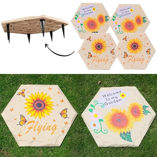 4Pcs Hexagon Sunflower Stepping Stone Outdoor Garden Walkway, Durable Plastic Pavers for Patio, Pathway, and Landscaping, Weatherproof Stepping Stone with Ground Stakes for Easy Installation