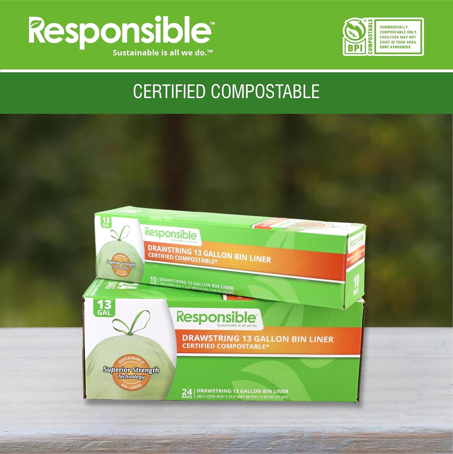 Responsible Products Kitchen Bin Liners, Certified Compostable, Heavy Duty Multipurpose Food Scrap Bags, Made from Compostable Materials (13 Gallon Drawstring, 13 Gallon (24 Count))