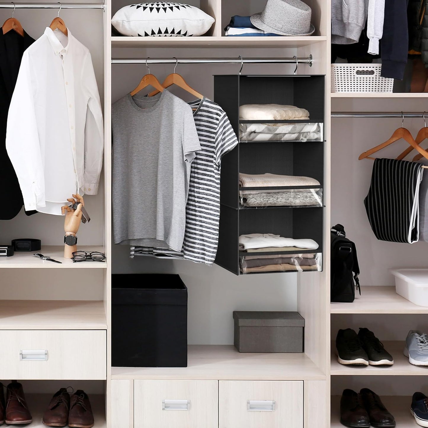 Simple Houseware 3 Shelf Hanging Closet Organizer with Front Stopper, Black