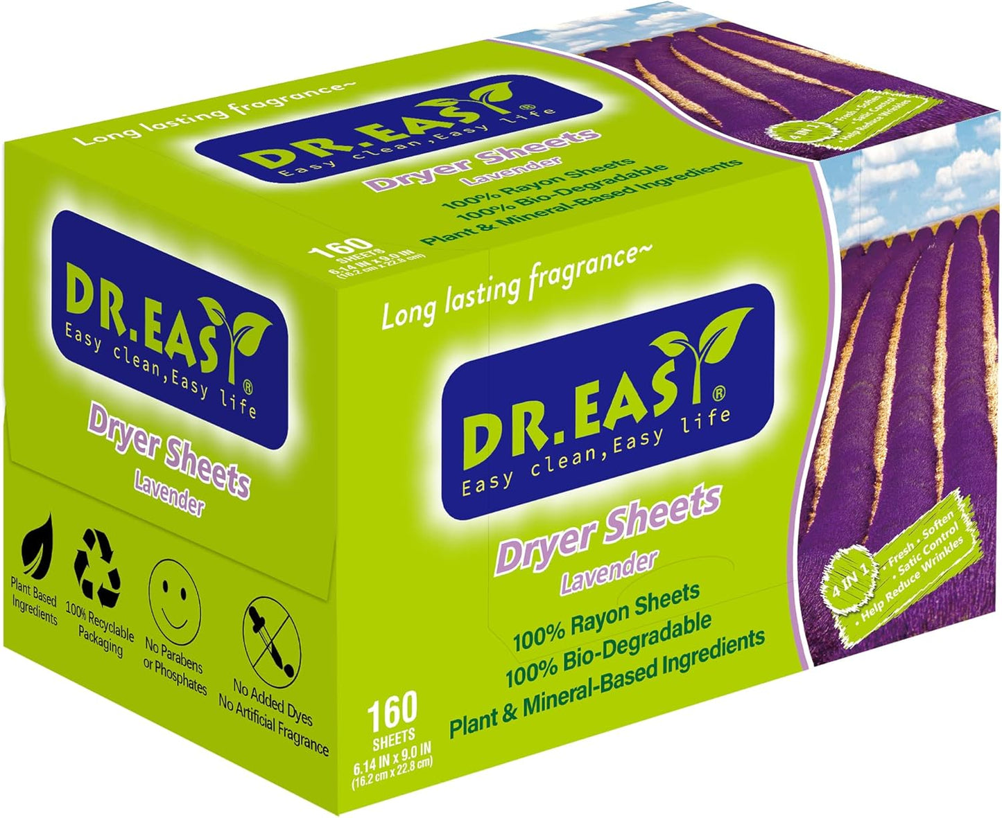 Dr.Easy Dryer Sheets Lavender Plant Based all ingredients for Sensitive Skin 160 Ct 100% Rayon Fabric Softener sheet for laundry No Dyes Reduce Static & Wrinkles Soften Clothes Help Repel Pet Hair