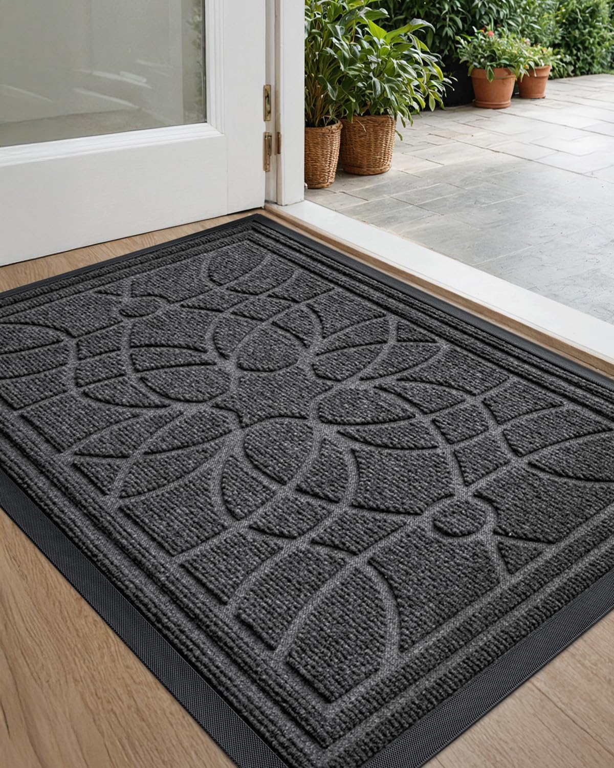 DEXI Front Door Mat Outside Entrance, Heavy Duty Non Slip Low Profile Doormat for Entryway, Trap Dirt and Moisture Welcome Mats, Easy Clean, Patio, Garage, 17x29, Grey