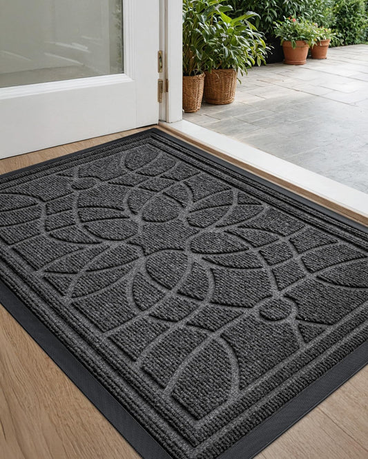 DEXI Front Door Mat Outside Entrance, Heavy Duty Non Slip Low Profile Doormat for Entryway, Trap Dirt and Moisture Welcome Mats, Easy Clean, Patio, Garage, 3x2, Grey