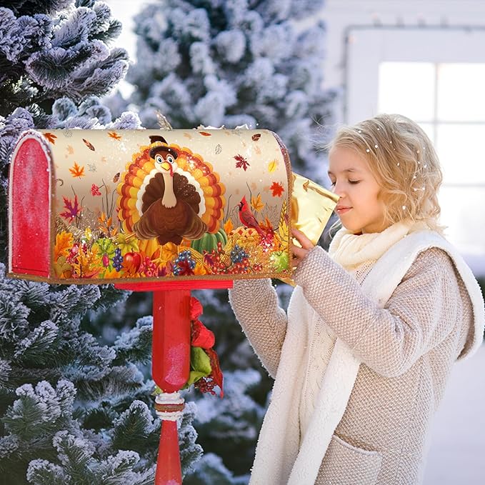 Thanksgiving Turkey Mailbox Covers Magnetic Standard Size 25.5" X 21" Fall Harvest Fruit Letter Post Wraps Cardinal Maple Leaves Decorative Holiday Postbox Covers for Home Outdoor Garden Yard