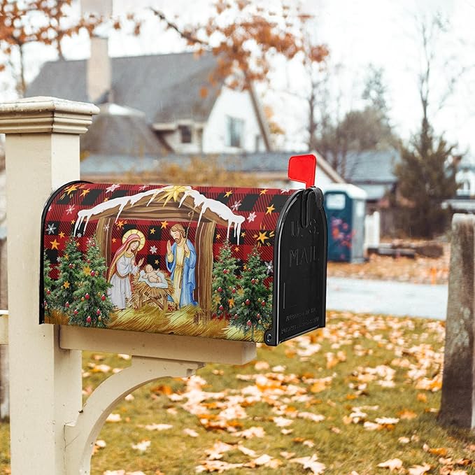 Christma Jesus Nativity Mailbox Cover Magnetic Large Size 25.5" X 21" Xmas Holly Night Letter Post Wraps Religious Christian Jesus Red Buffalo Plaid Decorative Postbox Covers for Home Garden Yard