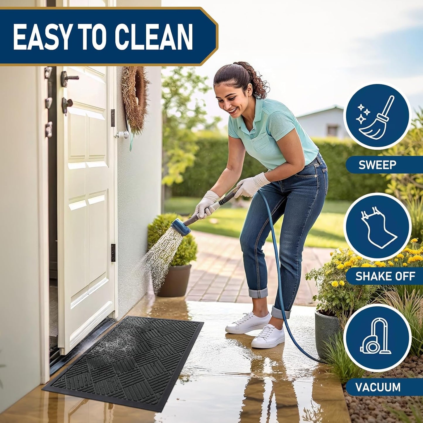 Smiry Front Door Mat Outside Entrance, Heavy Duty Outdoor Indoor Natural Rubber Doormat, Non Slip, Trap Dirt and Moisture, Easy Clean, Low Profile Patio Porch Entryway Mat, 59x20, Black