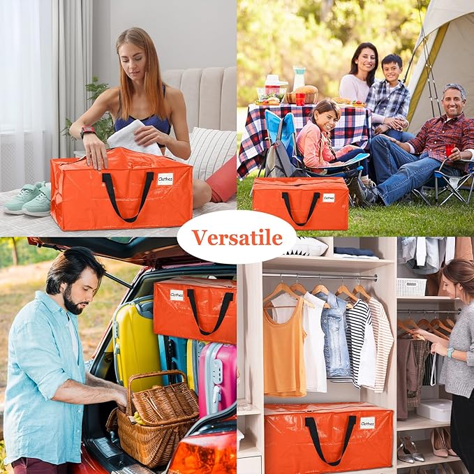 4 Pcs 24 Gallon Large Moving Bags with Zipper and Handles Foldable Storage Duffle Bags Heavy Duty Extra Large Totes for College Dorm Travel Clothes Blankets Bedding Moving (Orange)