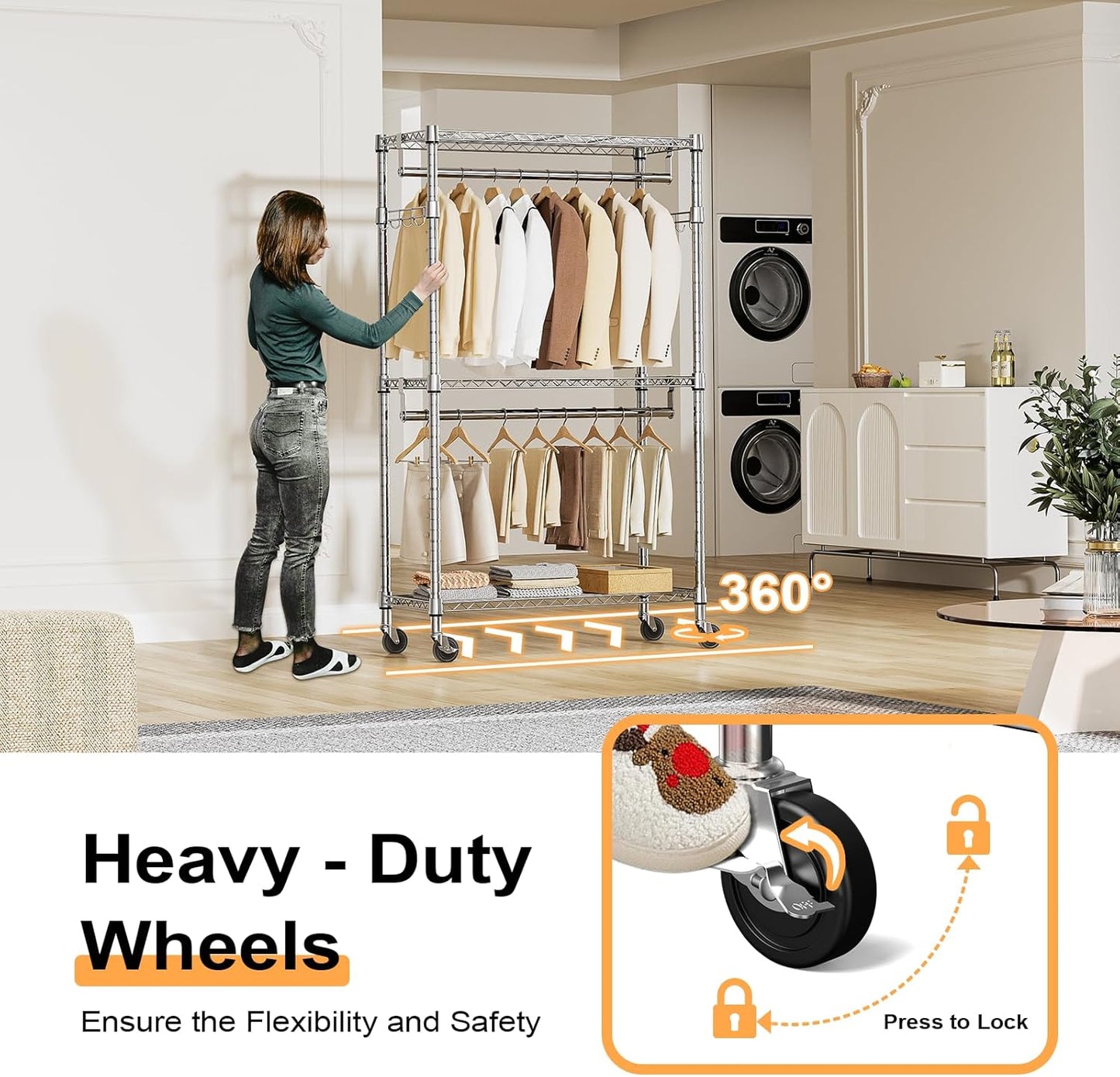 Heavy Duty Rolling Garment Rack 3 Tiers Adjustable Wire Shelving Clothes Rack with 2 Rods and Side Hooks,Storage Closet Clothing Rack with Wheels Chrome 15.7" D x 29.5" W x 74.5" H