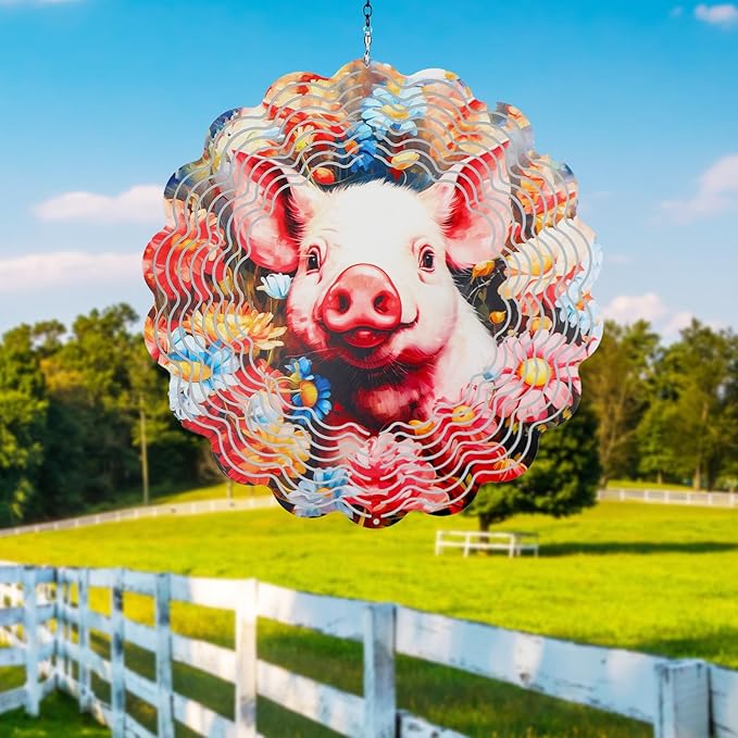 Pig Metal Wind Spinners Outdoor,Hanging Wind Spinner Garden Decor Birthday Gifts for Women Men,12 inch 3D Kinetic Sculpture for Backyard,Porch,Yard,Patio,Outside Decorations