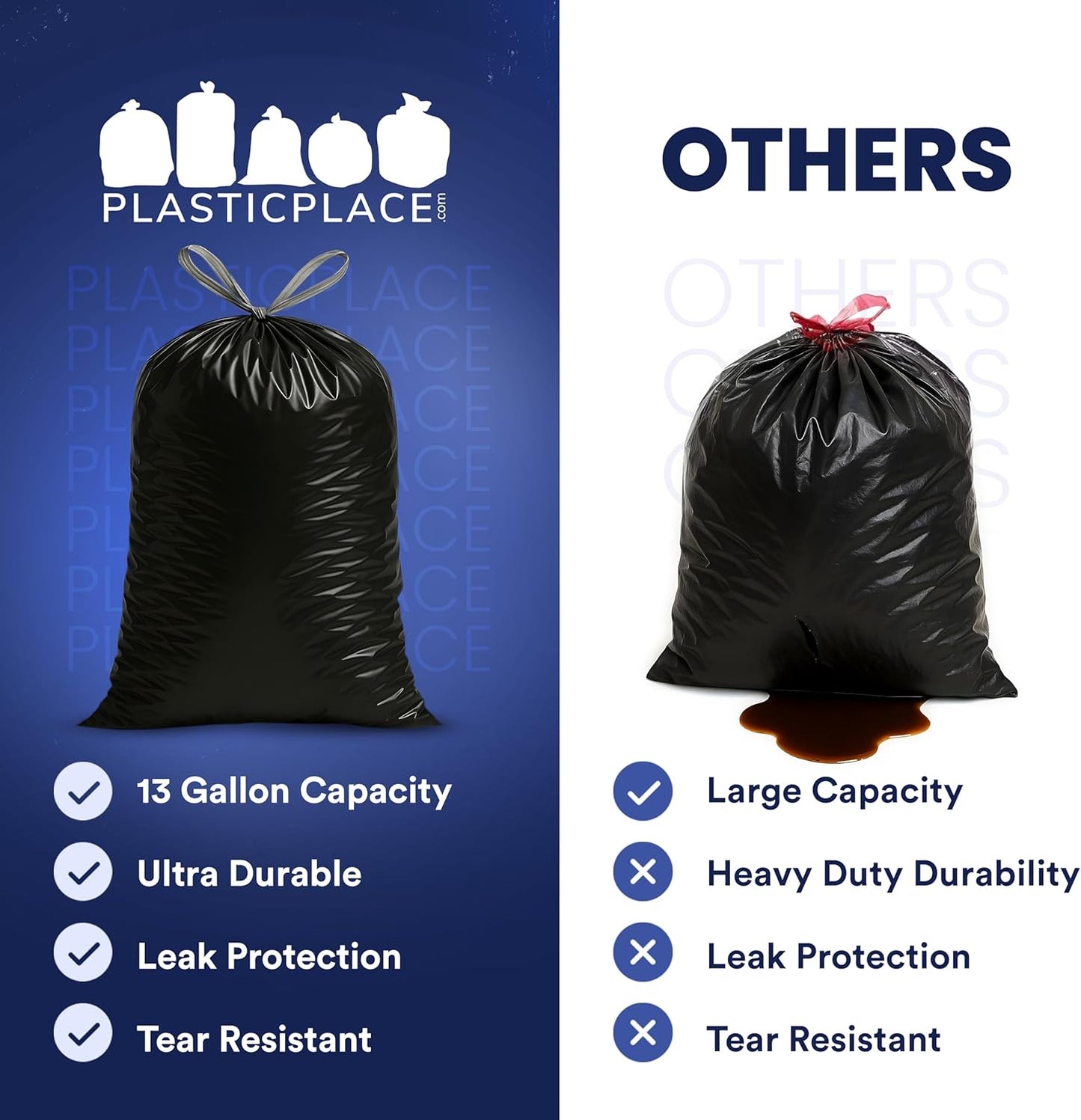 Plasticplace W13DSBKJR 13 Gallon Trash Bags │ 1.2 Mil │ (50 Count) Black Extra Tall Garbage Can Liners │ 24” x 31”