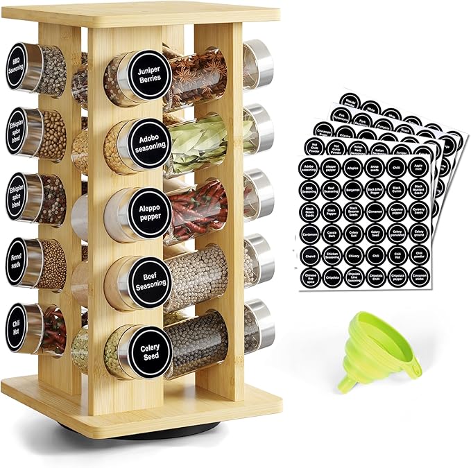 WelFurGeer Bamboo Spice Rack Organizer for Countertop, Revolving Spice Shelf with 20 Glass Jars, Lids & Labels, Desktop Rotating Seasoning Organizer for Kitchens, Space-Saving Design