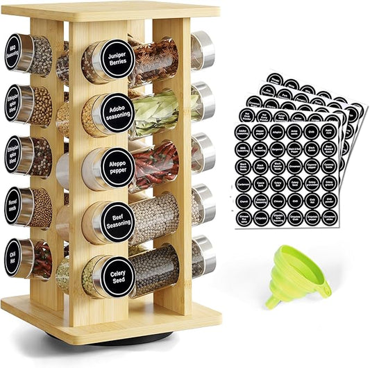 WelFurGeer Bamboo Spice Rack Organizer for Countertop, Revolving Spice Shelf with 20 Glass Jars, Lids & Labels, Desktop Rotating Seasoning Organizer for Kitchens, Space-Saving Design