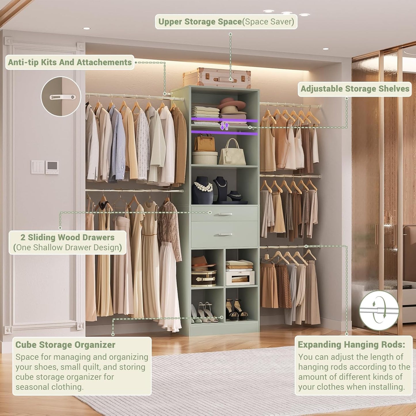 Closet System, 4-8 FT Closet Organizer Tower with 2 Wooden Drawers and Shelves, Can Fit 60 to 96 inch Walk-in Closet System with 5 Hang Rods, Built-in, Crab Green