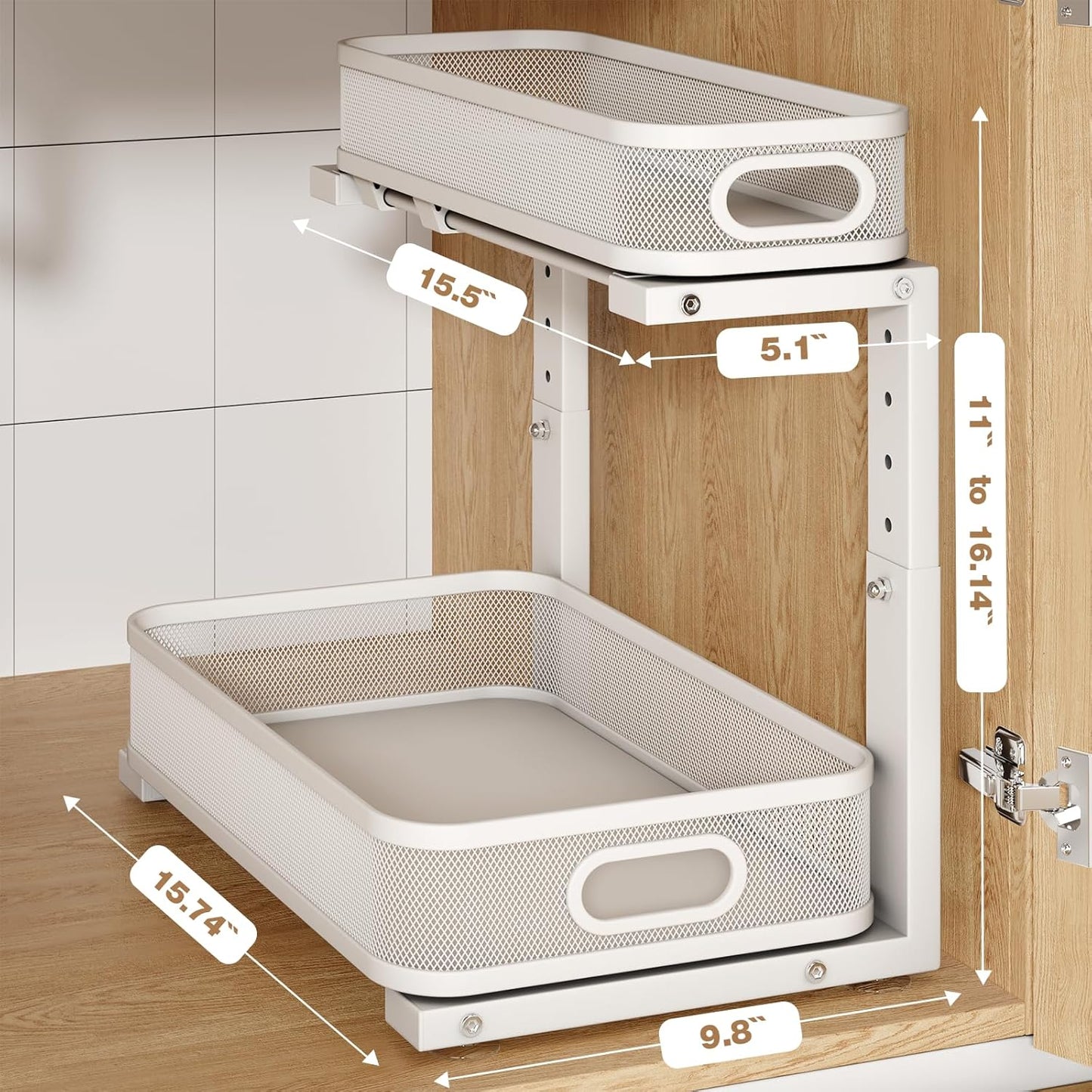 1 Pack 15.7IN-Depth Under Sink Organizer With Smooth Cylindrical Rail,2-Tier Pull Out Multi-Purpose Cabinet Storage for Bathroom&Kitchen,Height Adjustable,Rust-resistant Coating-White
