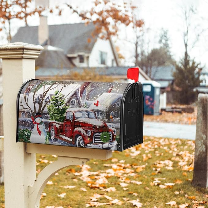 Red Buffalo Plaid Winter Snowman Mailbox Covers - Xmas Decorations, Magnetic, Waterproof, Standard Size 25.5x21 inch for Garden Yard Home Decor